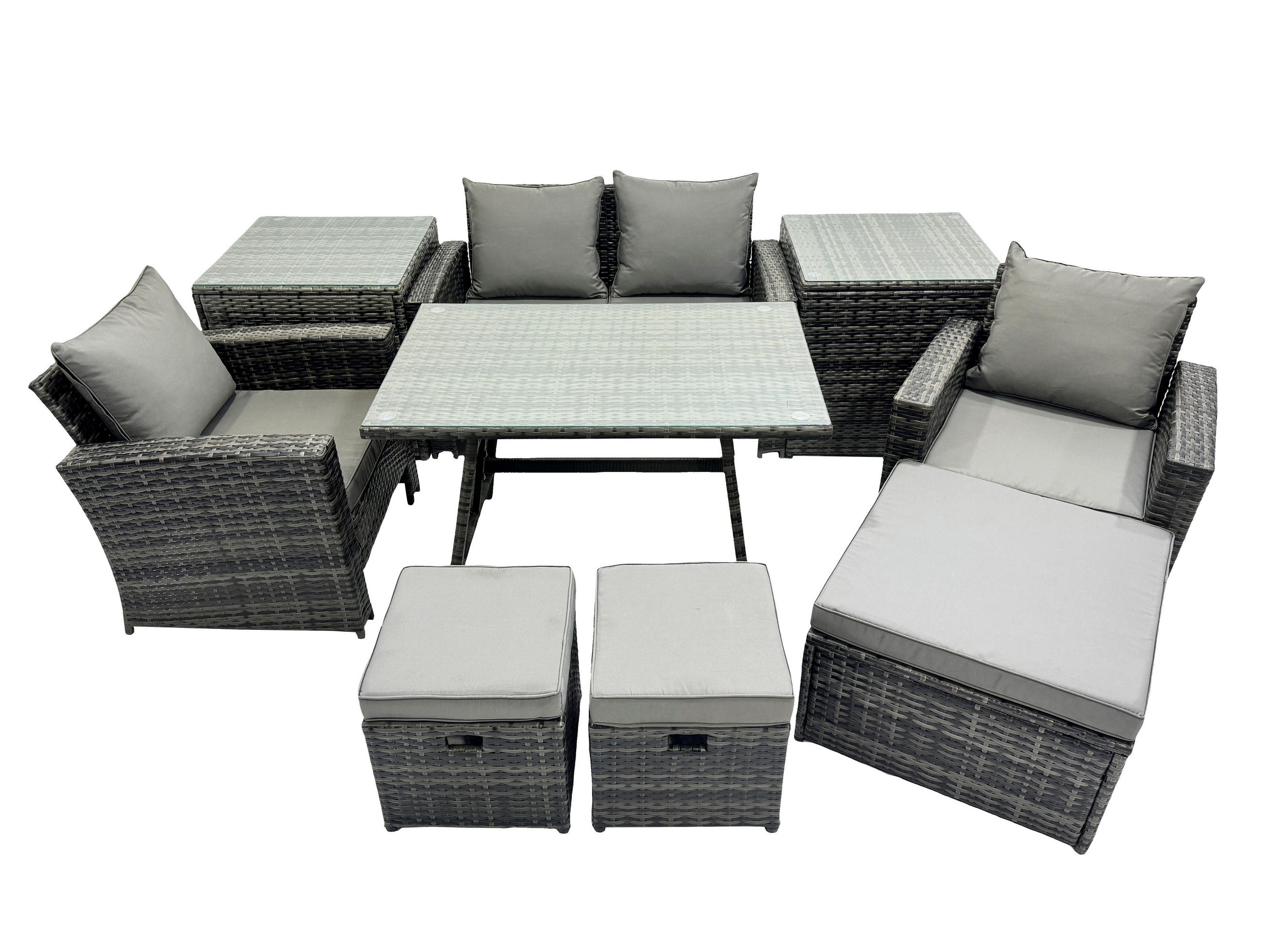 GARTENTISCHGRUPPE Polyrattan 7-Sitzer - Dunkelgrau/Grau, Glas/Kunststoff - Fimous