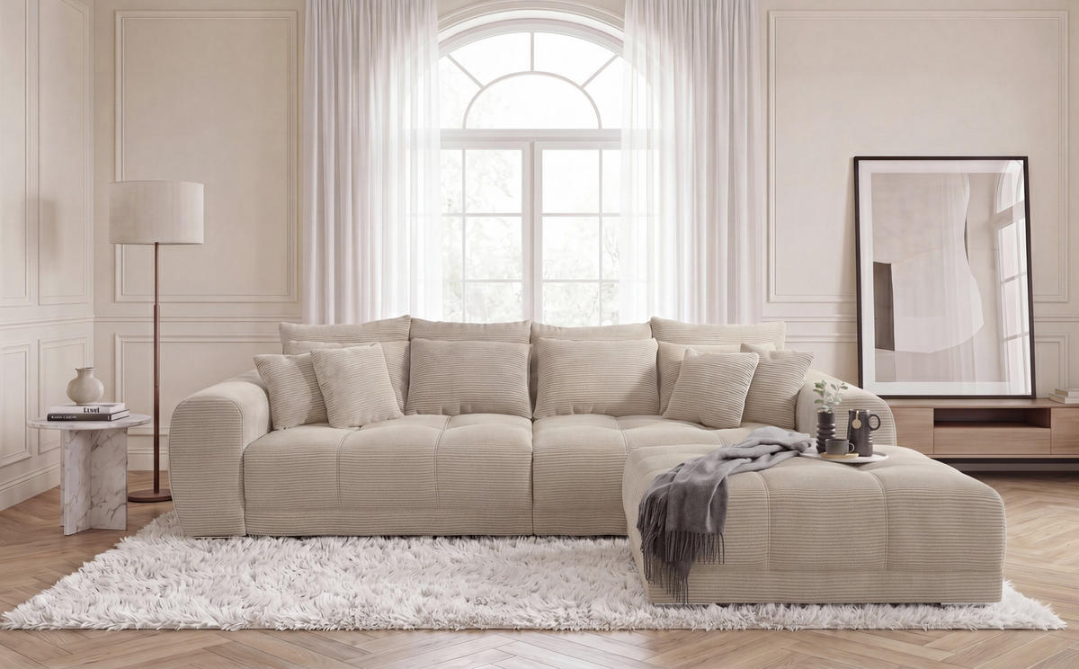 BIG-SOFA Federkern B306/T134/H86 cm, Liegefläche 120x240 cm, Cord Beige Grau / 15173 - Chromfarben/Greige, Textil/Metall (306/86/134cm) - luma-home