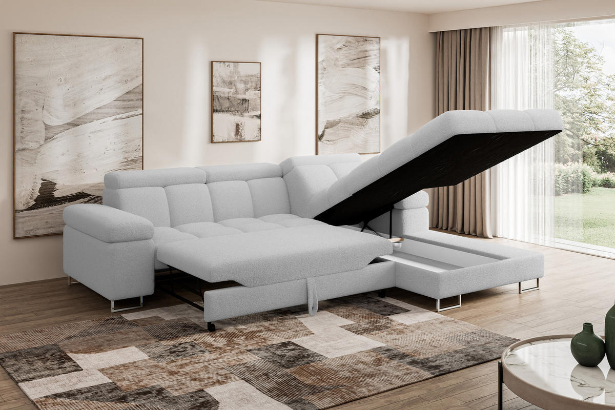 ECKSOFA mit Schlaffunktion Ottomane Rechts COMA L 271x203x79 Hellgrau Bouclé - Edelstahlfarben, Holzwerkstoff/Textil (203/271cm) - ALTDECOR