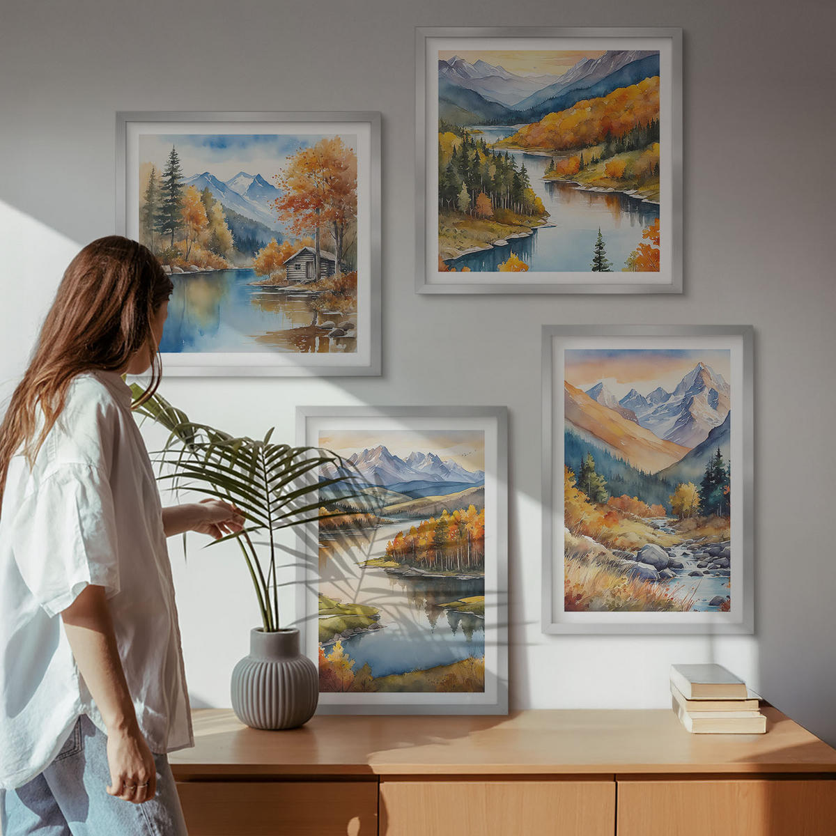 WANDBILDER 4er Set - 50x50 cm & 40x60 cm Silberner Rahmen - Bergblick, Fluss, Herbst - Silberfarben, Kunststoff (50/50cm) - ArtPrintCave