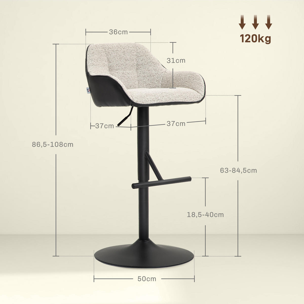BARHOCKER 2er-Set DE-14794 höhenverstellbar & 360° schwenkbar mit Armlehnen Grau - Hellgrau, Metall (53/108/52.5cm) - ComfortXL