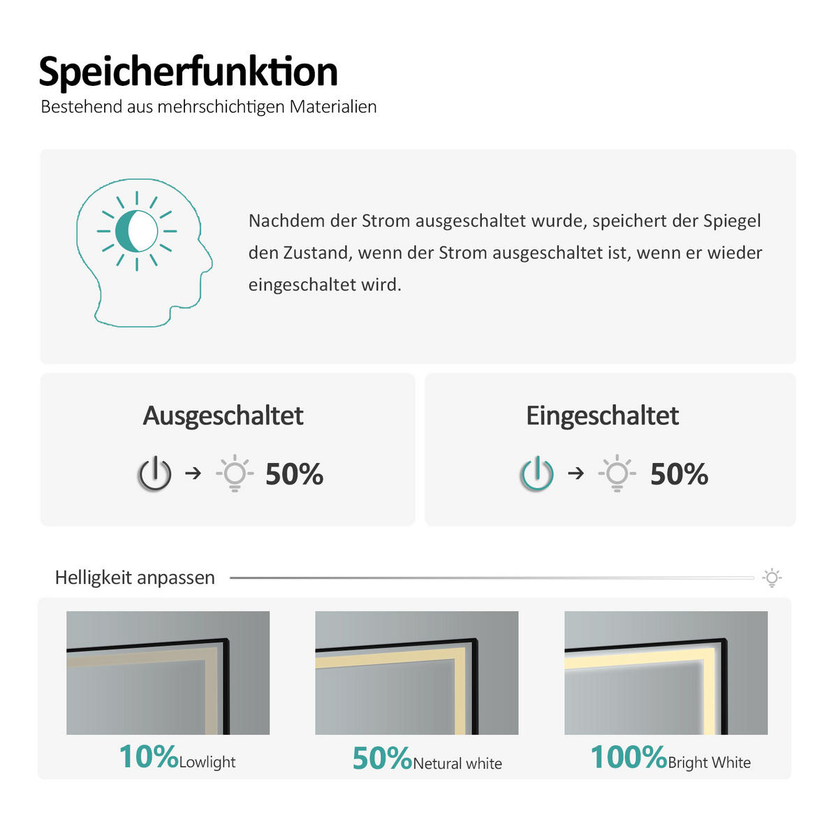 BADSPIEGEL mit Beleuchtung Schwarzer Rahmen 100/70 cm - Weiß, Glas (70/4/100cm) - EMKE