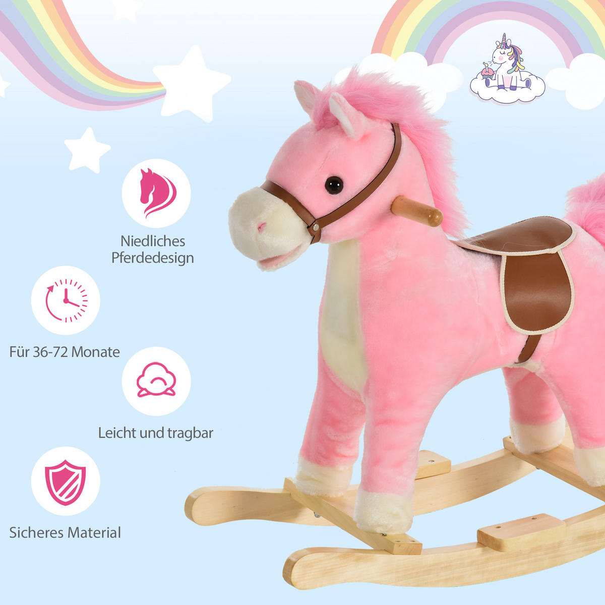 KINDER SCHAUKELTIER, Braun/Rosa, Plüsch+ Holz - Rosa, Holz (32.5/61/65cm) - HOMCOM