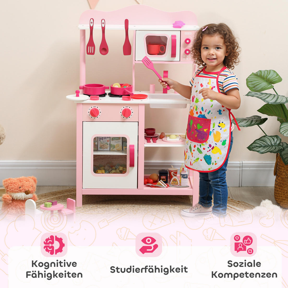 KINDERKÜCHE Spielküche mit Backofen, Herd, Spüle, Soundfunktion, Rosa - Rosa, Holzwerkstoff (24/55cm) - AIYAPLAY
