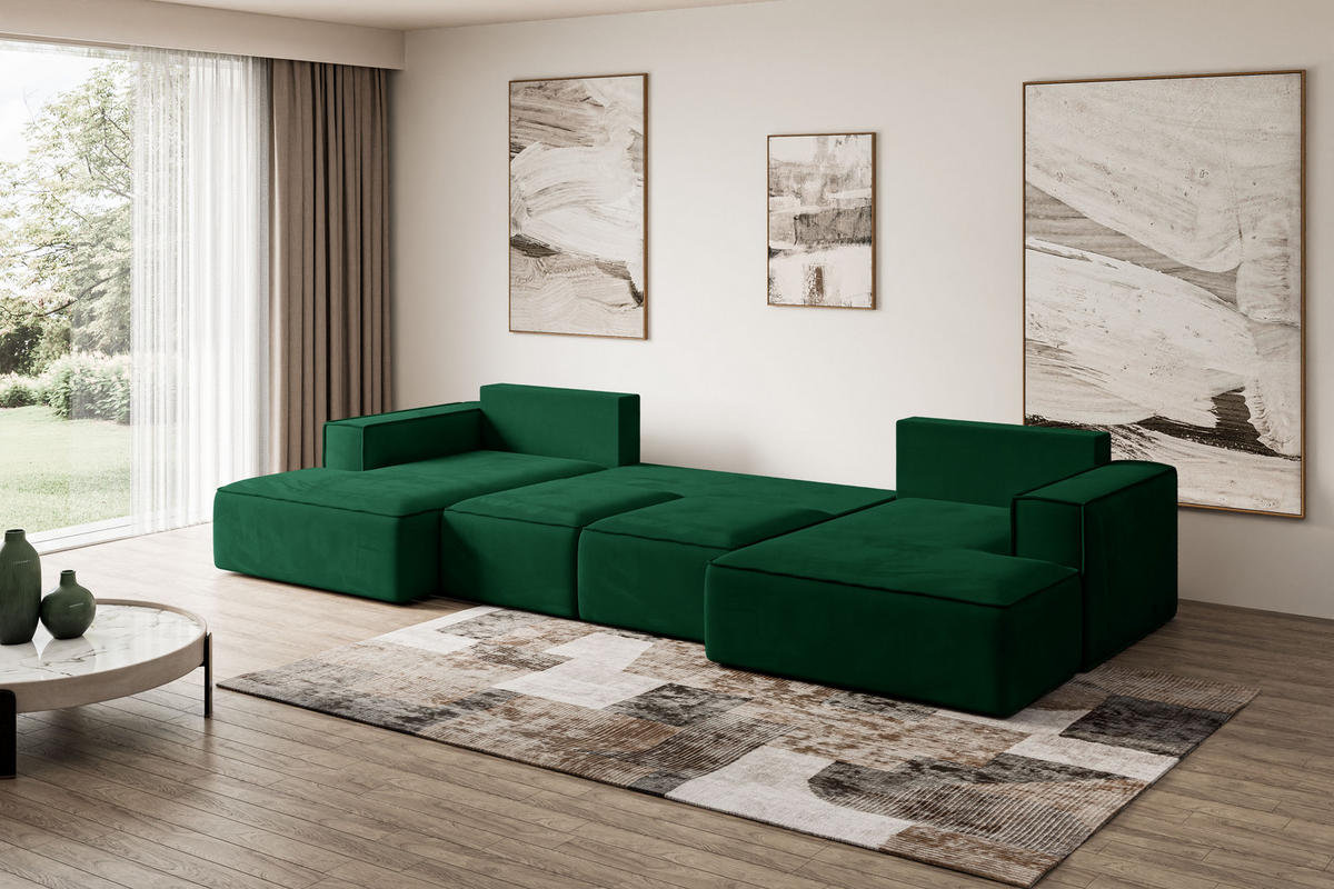 WOHNLANDSCHAFT mit Schlaffunktion und Bettkasten SIERRA-U-S - 349x161x87 cm Grün Velours - Schwarz/Grün, Holzwerkstoff/Kunststoff (349/87/161cm) - ALTDECOR