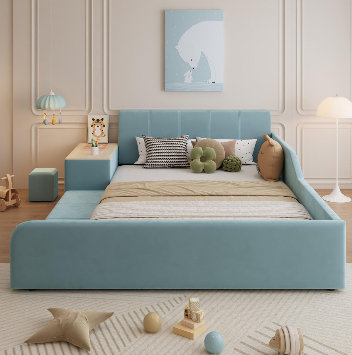 POLSTERBETT 140/200 cm aus Samt mit Schreibtisch und Hocker Blau - Blau, Textil (140/200cm) - Modenvie