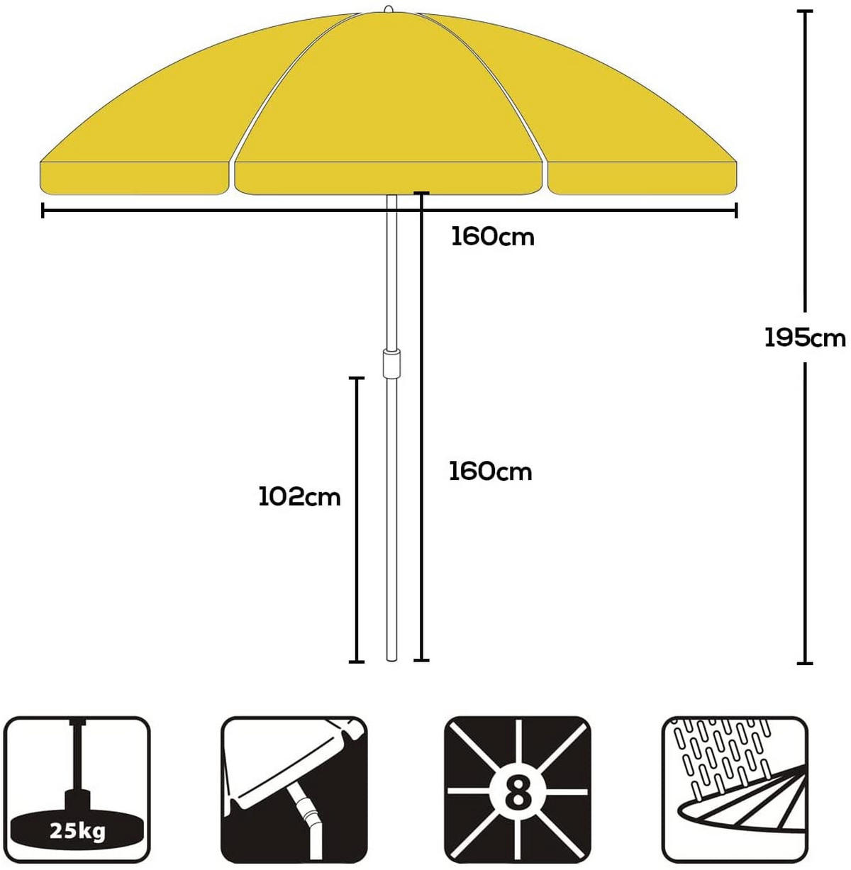 SONNENSCHIRM 200cm Strand Gelb UV50+ Gartenschirm Balkon Terrasse - Gelb, Kunststoff/Metall (200/200cm) - Resch