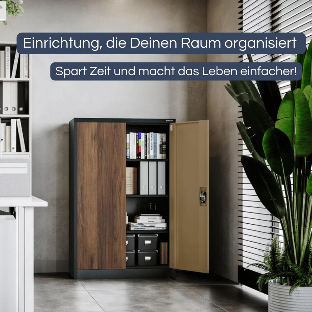 AKTENSCHRANK abschließbar KADO mit Flügeltüren 140x90x40cm Anthrazit-Nussbaum - Anthrazit, Metall (90/140/40cm) - DELUKE