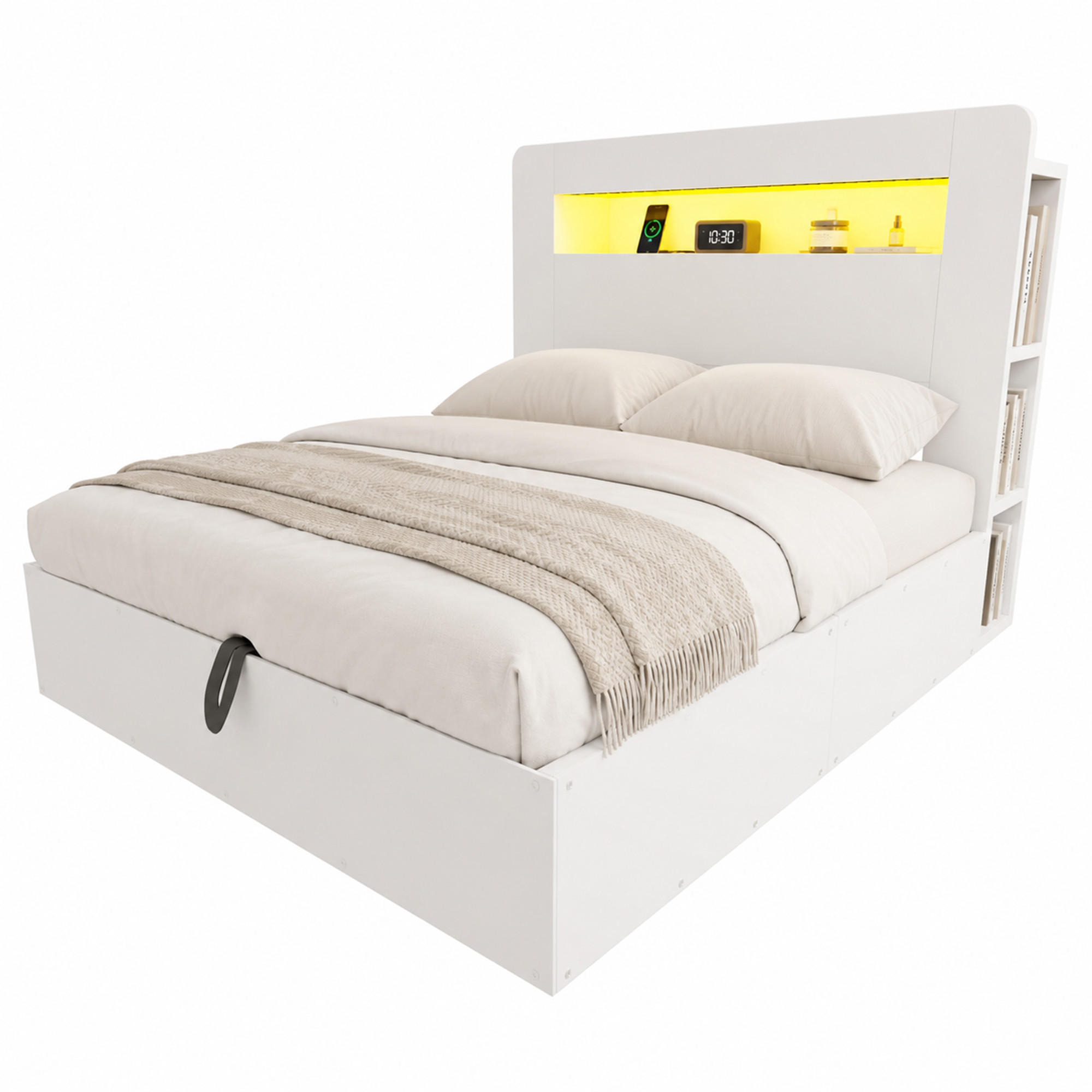 BETT 140/200 cm in Weiß mit Bettkasten, LED, Steckdosen und Kopfteilfächern - Weiß, Holz/Holzwerkstoff (140/200cm) - WISHDOR