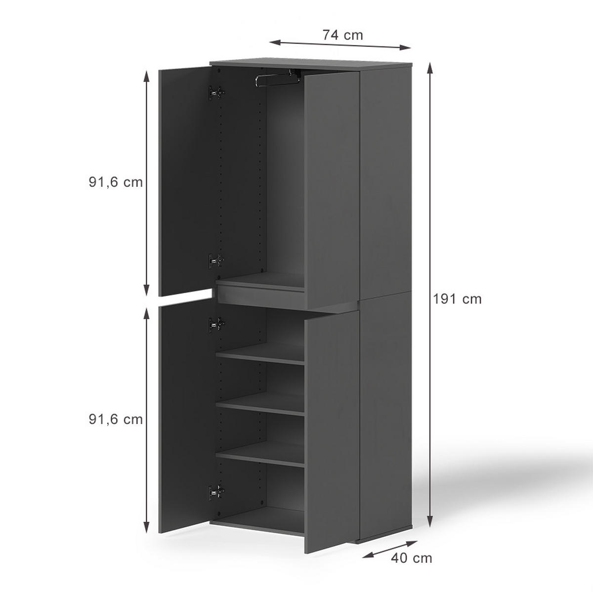 KLEIDERSCHRANK Claus Anthrazit 74 x 191.5 cm mit 4 Türen - Anthrazit, Holzwerkstoff (74/191.5/40cm) - Vicco