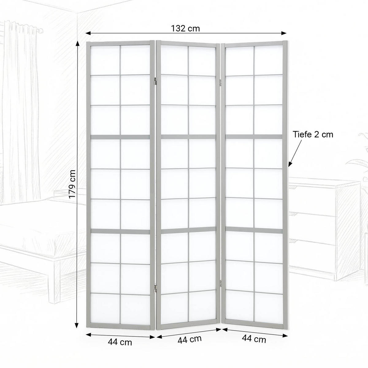 PARAVENT 3-tlg 132/179 cm Grau Holz Shoji - Grau, Holz (132/179/2cm) - Homestyle4u