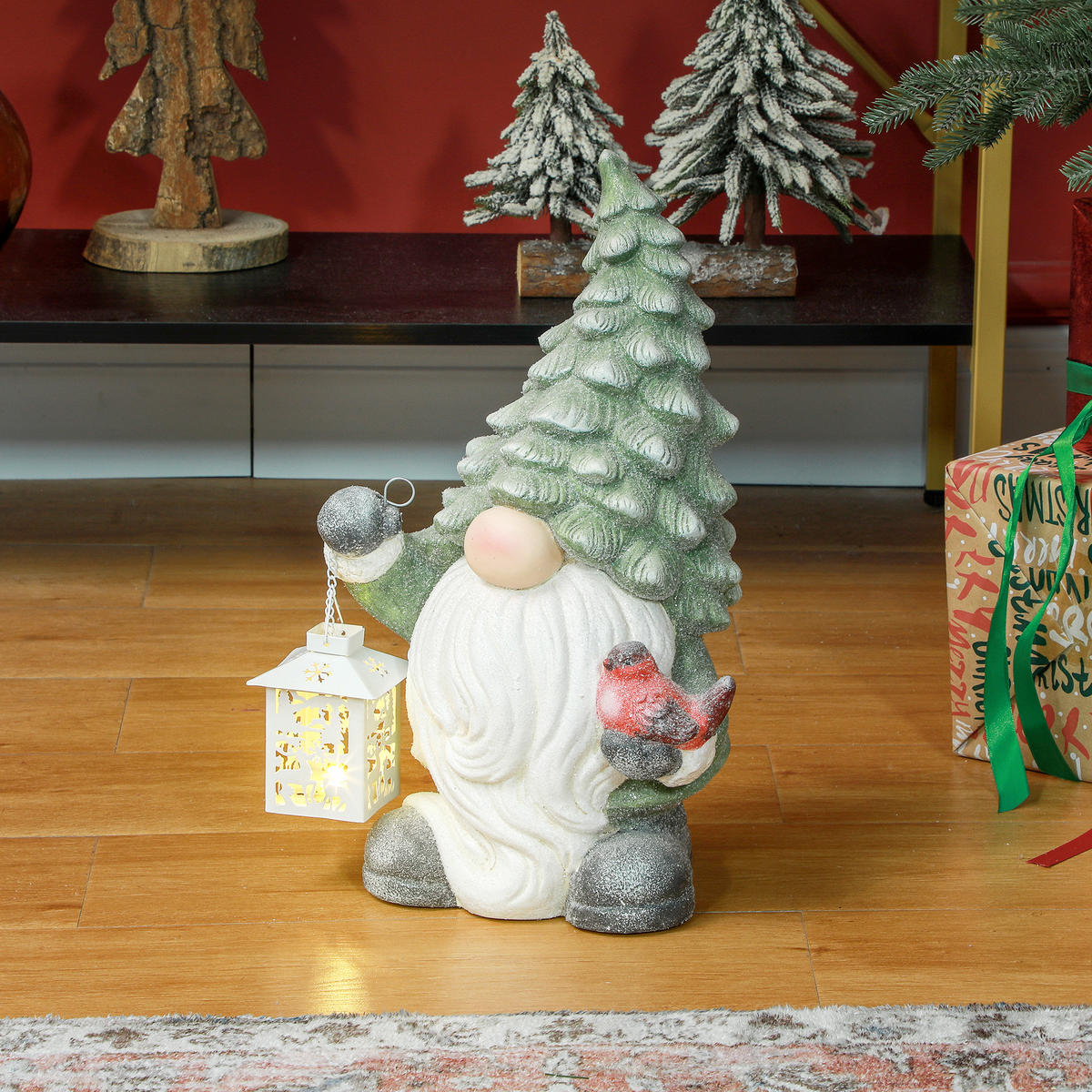 VÁNOČNÍ dekorace figurka 42 cm Santa Claus s vánoční čepicí a lucernou - bílá/zelená barva, kov (21/42/28cm) - HOMCOM