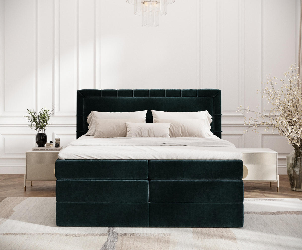 BOXSPRINGBETT Rosabel Dunkelgrün 160/200 cm mit Matratze und Topper - Dunkelgrün/Schwarz, Holz/Holzwerkstoff (160/200cm) - Maison de Reve