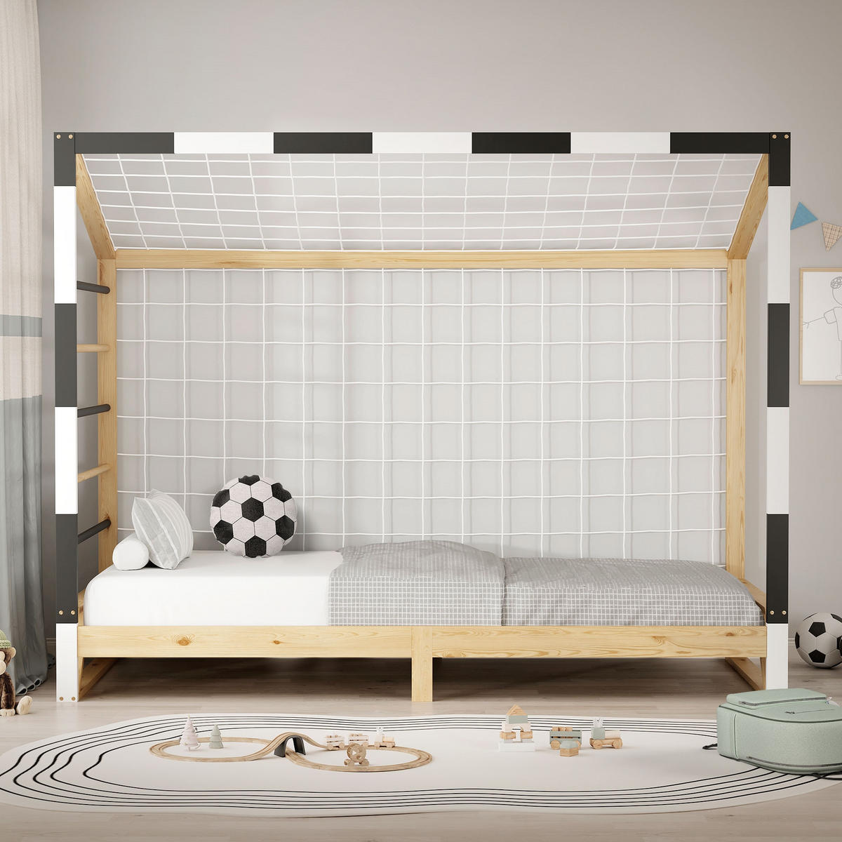 KINDERBETT Fußballtor 90x200 cm Schwarz-Weiß - Hellbraun, Holz (90/200cm) - ML-DESIGN