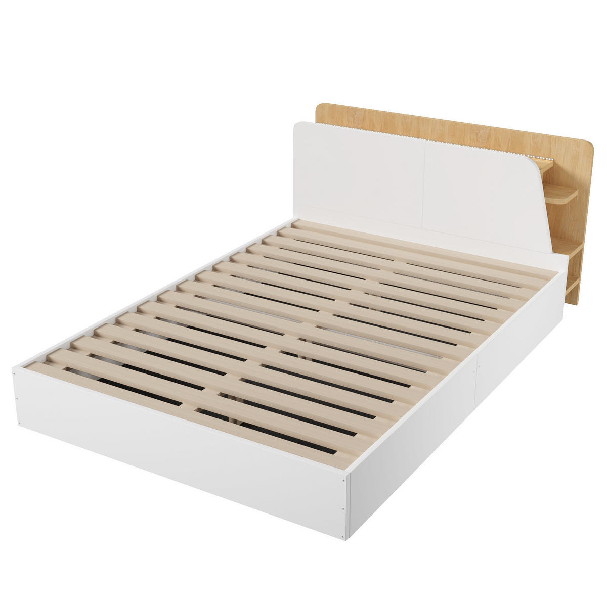 PANEELBETT 140/200 cm mit hydraulischem Stauraum, LED, USB-C und Kopfteilregal aus Kiefernholz, Weiß/Natur - Weiß, Holz (140/200cm) - Redom