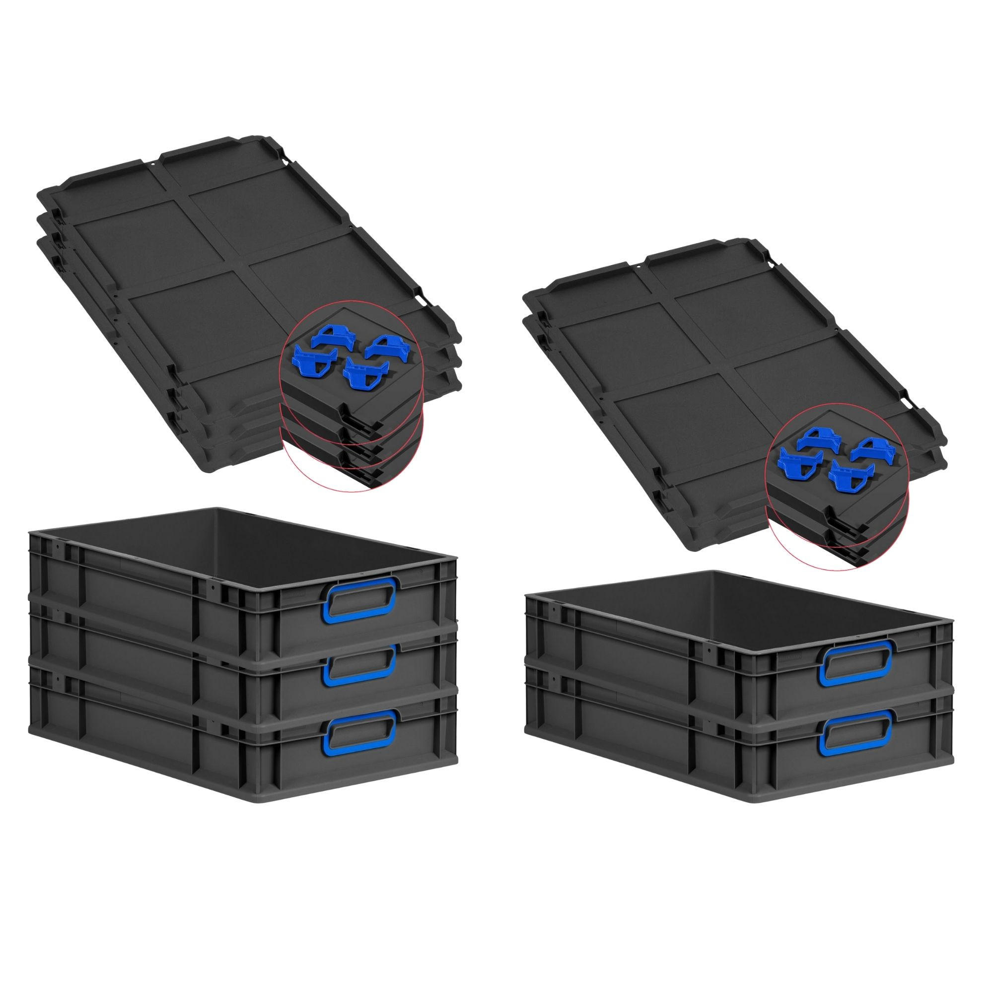 EUROBOX 5x NextGen Color mit Auflagedeckel 12x40x60 cm 23 Liter Schwarz Griffe blau zu - Blau/Schwarz, Kunststoff (40/12/60cm) - PROREGAL