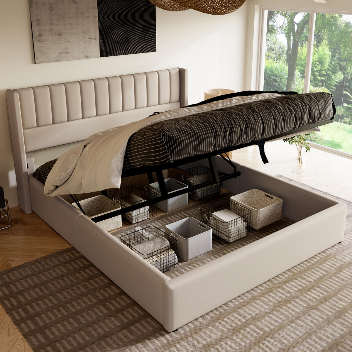 POLSTERBETT 140/200 cm Beige mit Stauraum und Matratze - Beige, Textil (140/200cm) - Flora Grace