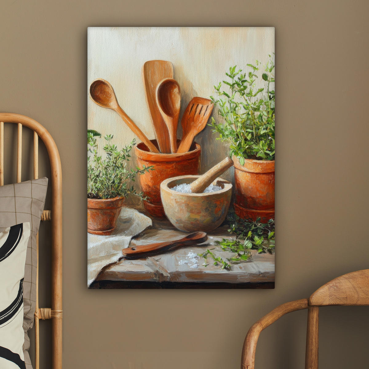 LEINWANDBILD Töpfe - Kräuter - Holz 60x80 cm - Terracotta, Textil (60/80cm) - MuchoWow
