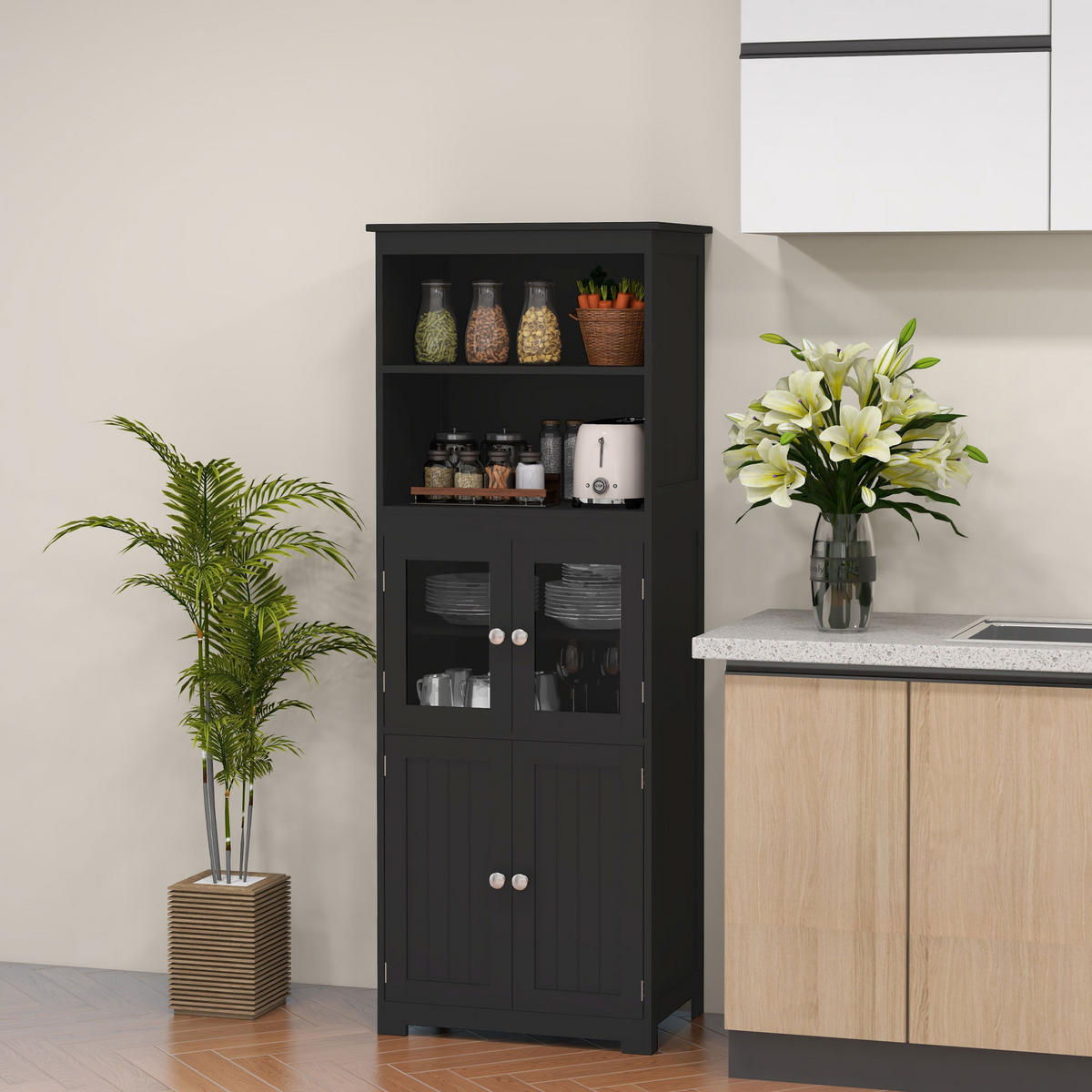 HIGHBOARD DE-11098 2 Glastüren Schwarz - Schwarz, Holzwerkstoff (30/162/60cm) - ComfortXL