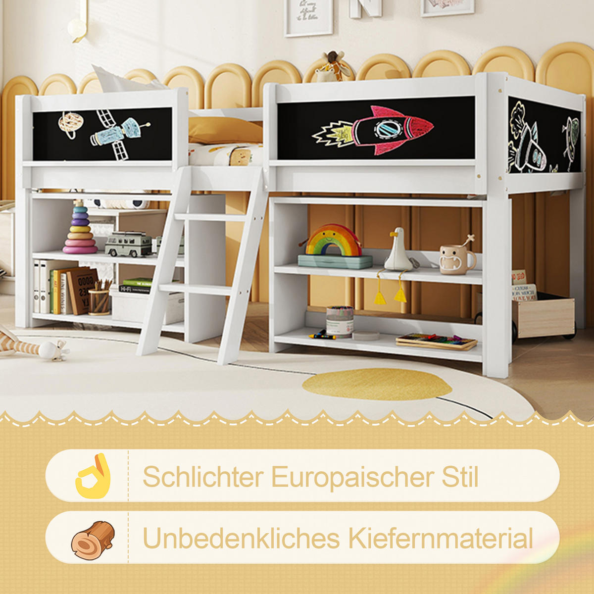 HALBHOHES BETT 90x200cm Weiß Kiefer Einlegeböden Geländer Leiter - Weiß, Holz (90/200cm) - FLIEKS
