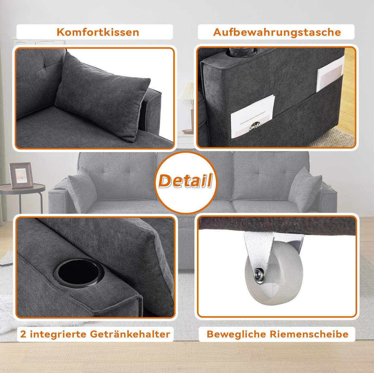 SCHLAFSOFA aus Baumwoll-Leinenstoff 211x130x86 cm Grau mit Stauraum, wechselbarer Chaiselongue und Getränkehaltern - Grau, Textil (211/86/129.5cm) - Modfu