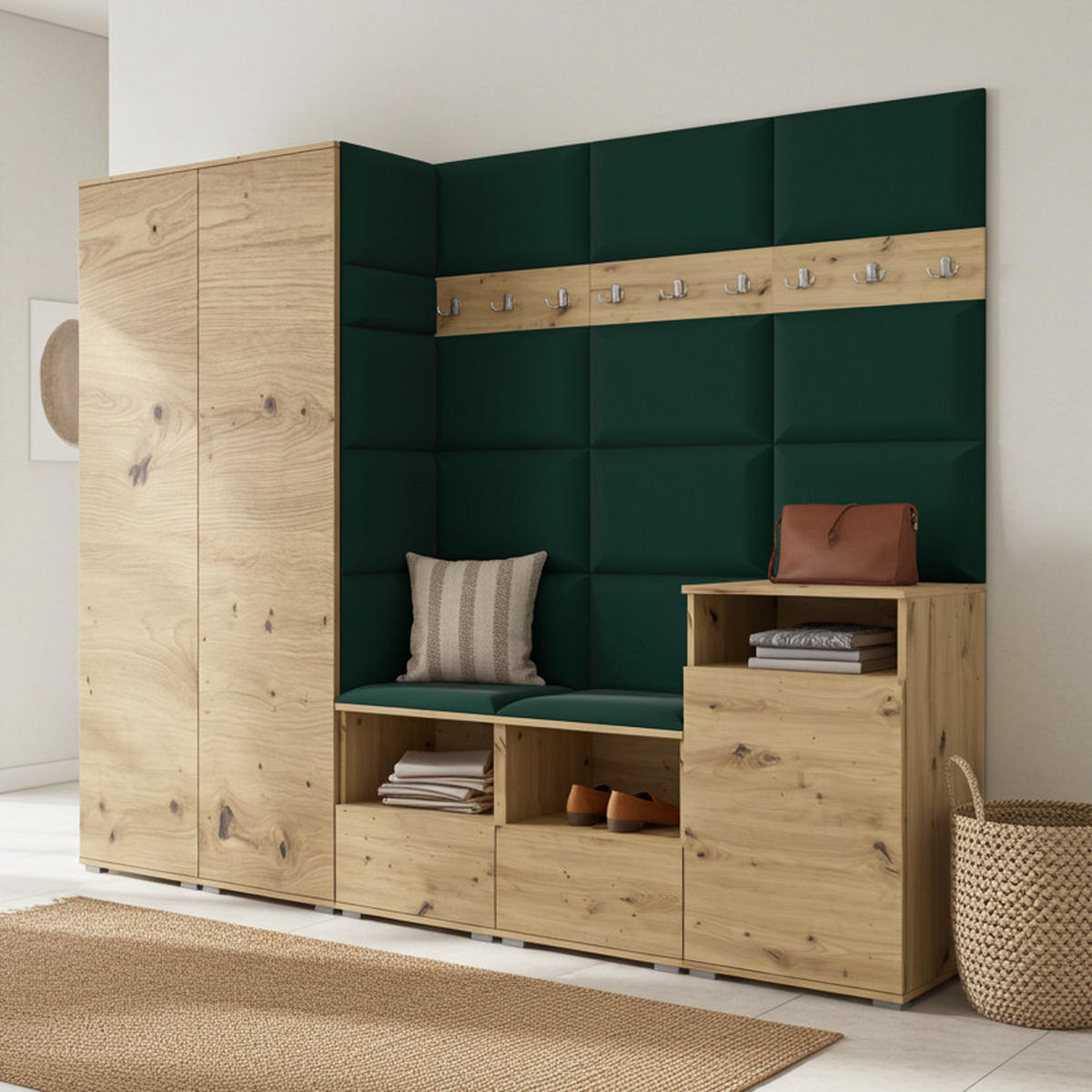 GARDEROBE NELA VIII 250 cm (Modulare Flurmöbel Artisan Eiche mit Sitzpolster Flaschengrün 28 2 Schränke + Sideboard) - Dunkelgrün/Silberfarben, Holz/Holzwerkstoff (250/187/40cm) - Ravio