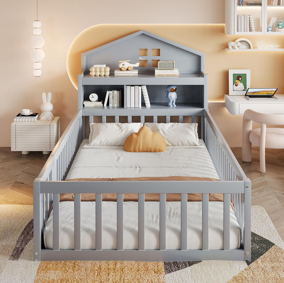 KINDERBETT 90/200 cm Grau aus Massivholz mit Stauraum und Kreidetafel - Grau, Holz (90/200cm) - OKMYHOME