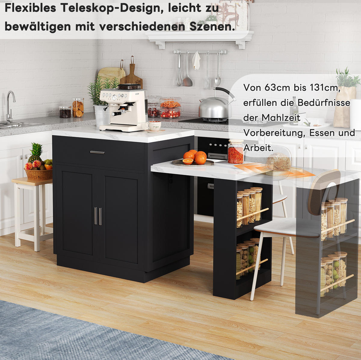 KÜCHENINSEL 211/55/89,5 cm aus MDF mit ausziehbarem Esstisch und Steckdosenleiste Schwarz - Schwarz, Holzwerkstoff (211/89.5/55cm) - Modenvie