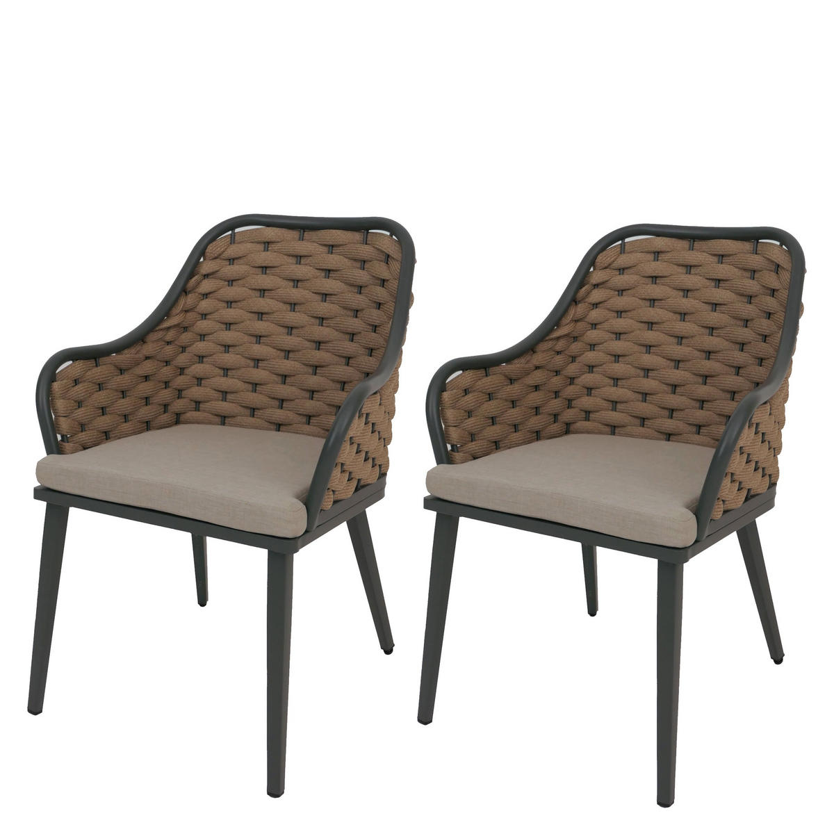 GARTENSTUHL 2er-Set aus Aluminium HxBxT 84x59x63cm Sitzhöhe 46cm Olefin (200 g/m²) Seilgeflecht Rope Beige Kissen Hellbraun - Beige, Metall (59/84/63cm) - PROREGAL
