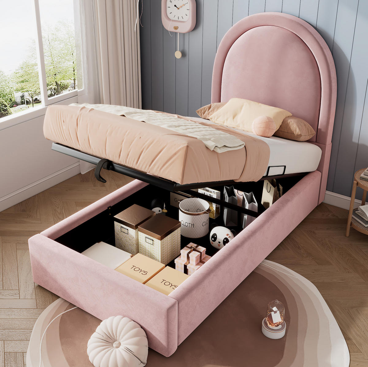 POLSTERBETT 90/200 cm Rosa aus Samt mit Bettkasten - Rosa, Textil (90/200cm) - OKMYHOME
