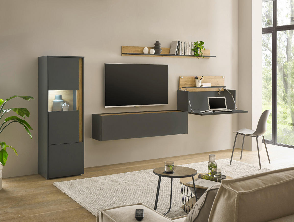 WOHNWAND grau matt, Eiche Wotan 320 cm, Wohnkombination mit Sekretär - Eiche Wotan/Grau, Glas/Holzwerkstoff (320/170/40cm) - Furn.Design