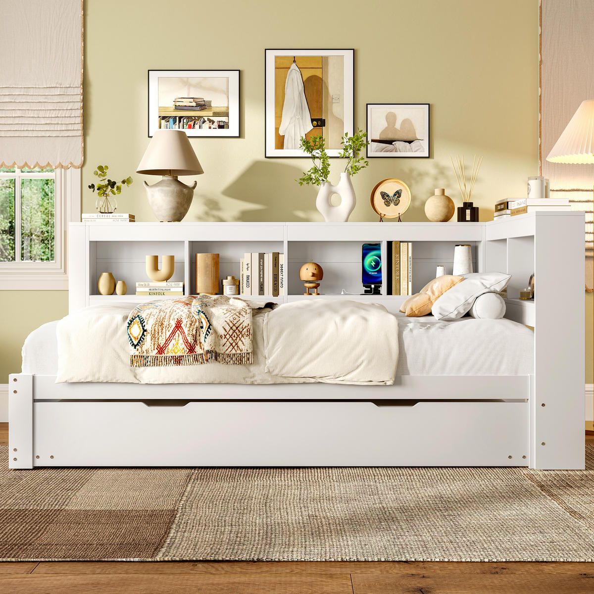 TAGEBETT 90x200cm Weiß Spanplatte Ausziehbett Steckdose USB - Weiß, Holz (90/200cm) - FLIEKS