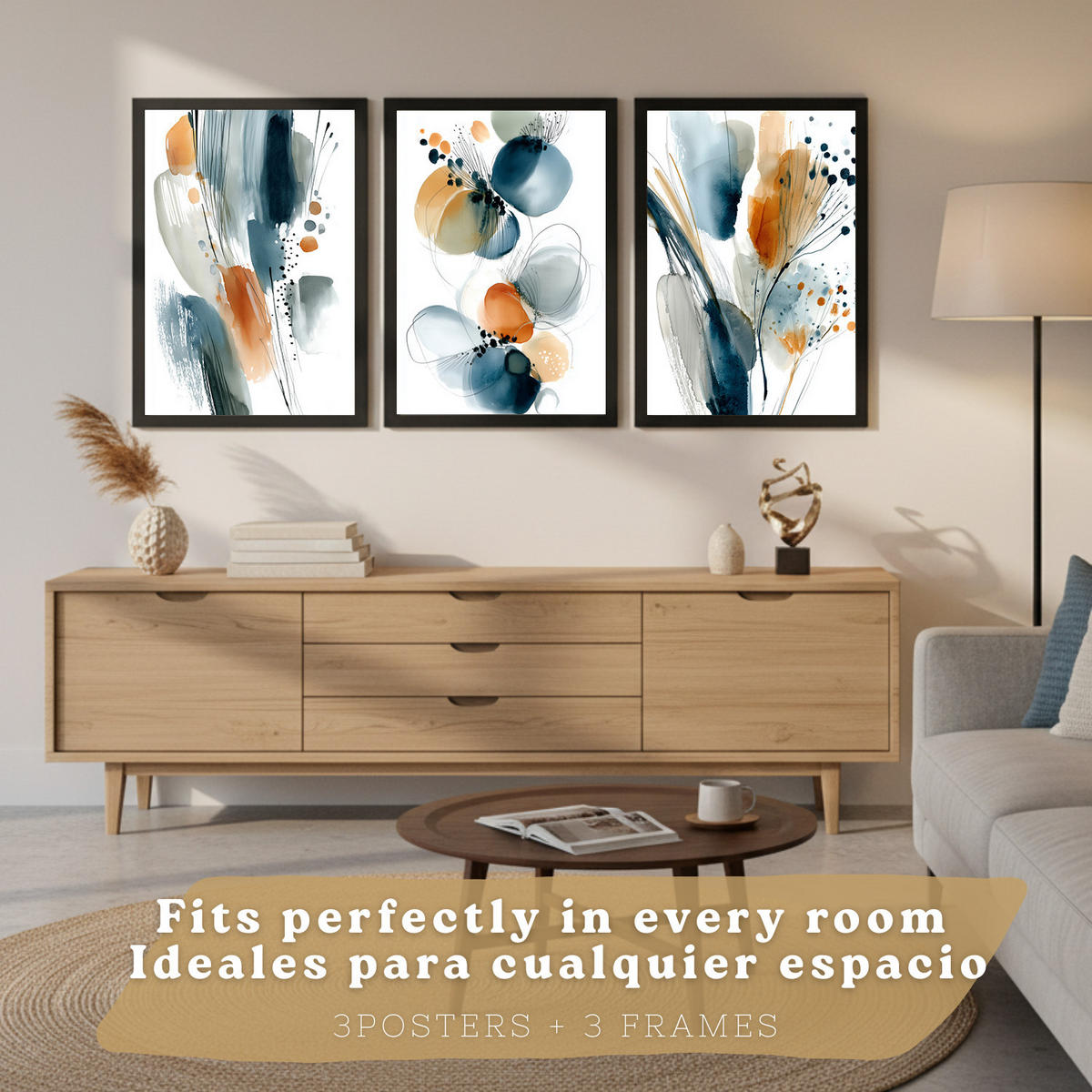 PLAKAT Sada 3 dekorativních nástěnných tisků Abstraktní akvarelové obrazy,oranžová. Moderní malby do obývacího pokoje. Černý rám velikosti A3 - černá, papír (29.7/42/3cm)