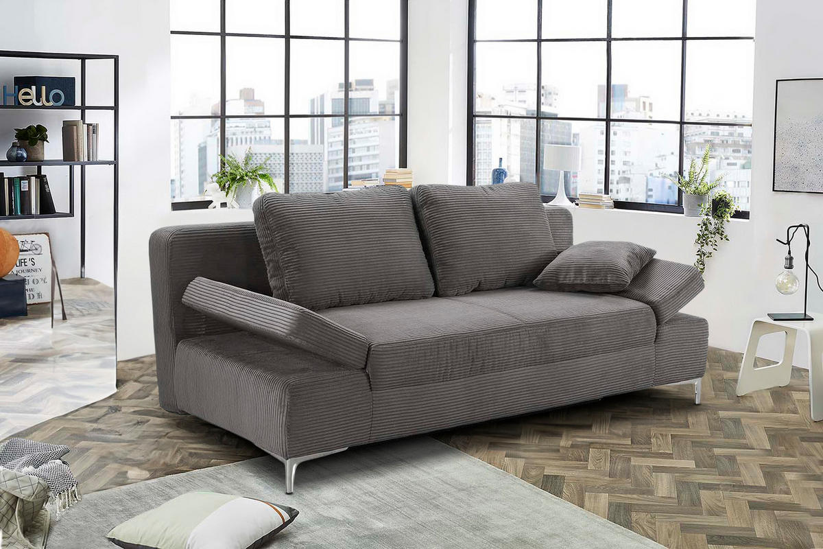 SCHLAFSOFA mit Bettkasten, Federkern, Armlehnen verstellbar B202/T103/H89 cm, Liegefläche 144x198 cm, Cord Grau Anthrazit / 15204 - Chromfarben/Schieferfarben, Textil/Metall (202/89/103cm) - luma-home
