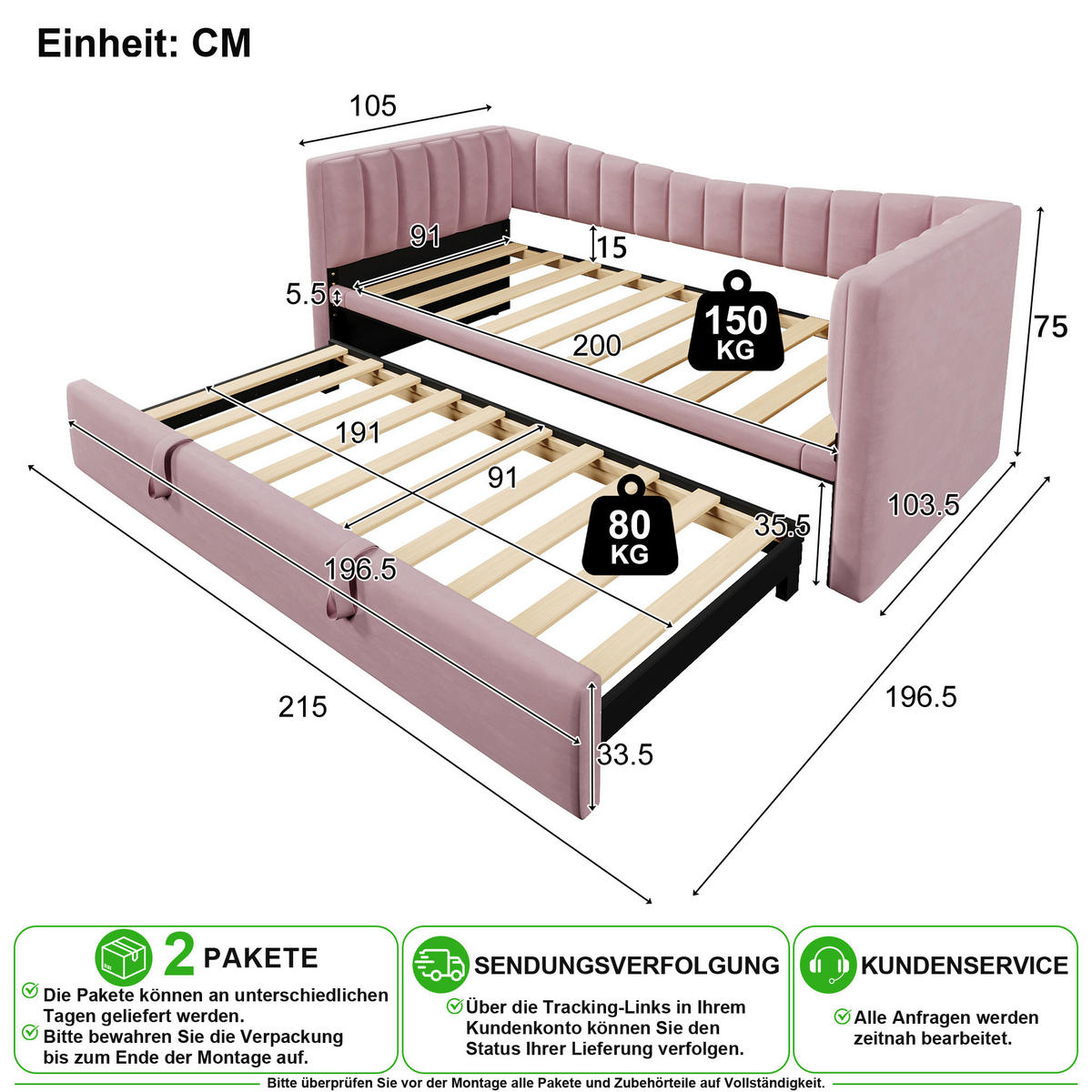 POLSTERBETT 90/200 cm & 90/190 cm in Rosa mit Ziehbett aus Samt - Rosa, Holzwerkstoff/Textil (90/200cm) - CHICFURN