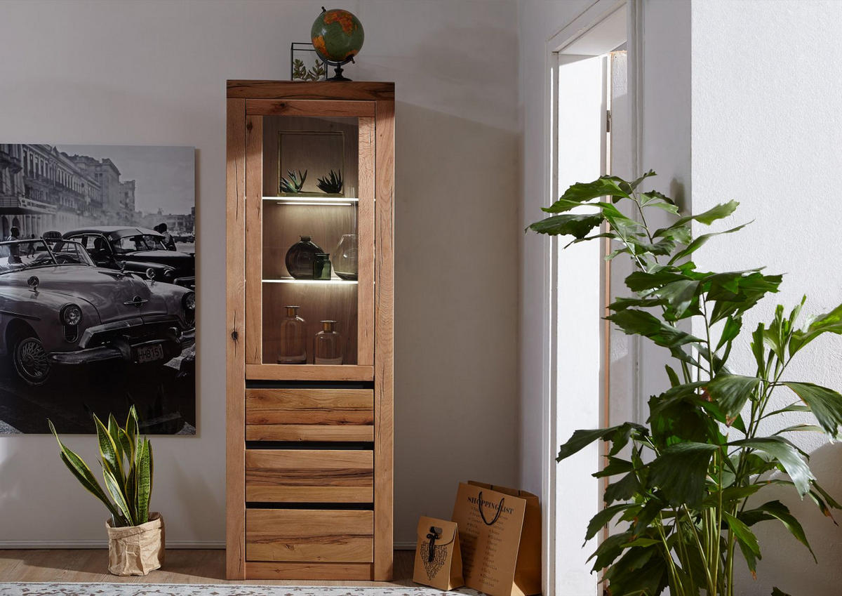 VITRINE Wild-/Zerreiche 62x42x191 natur geölt MONTREUX #121 - Braun, Holz (62/191/42cm) - Massivmoebel24