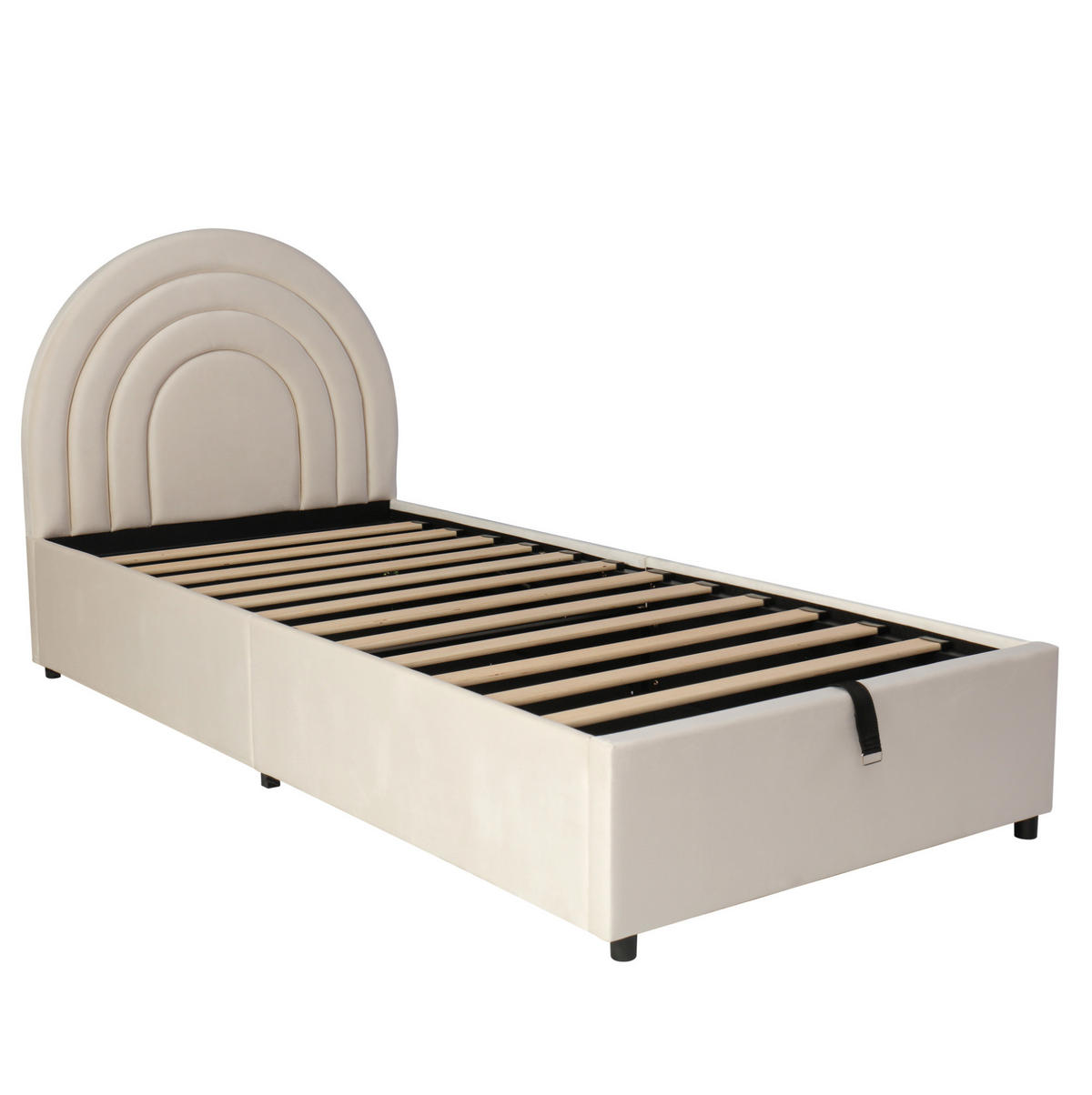 KINDERBETT 90/200 cm mit hydraulischem Stauraum, gepolstertem Kopfteil und Lattenrost, Samt, Beige - Beige, Textil (90/200cm) - Redom