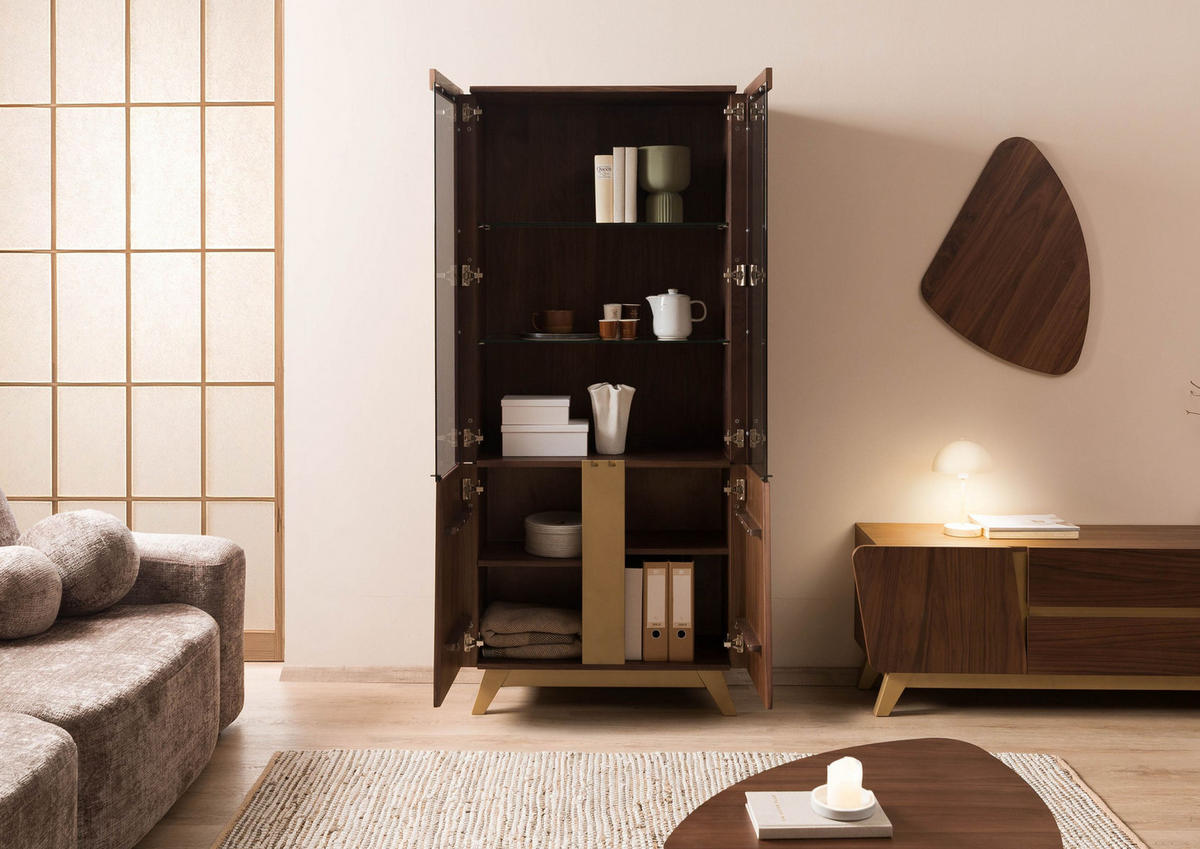 VITRINE Nussbaum-Echtholzfurnier 100x40x200 braun lackiert BUTTERFLY #100 - Braun, Holz (100/200/40cm) - Massivmoebel24