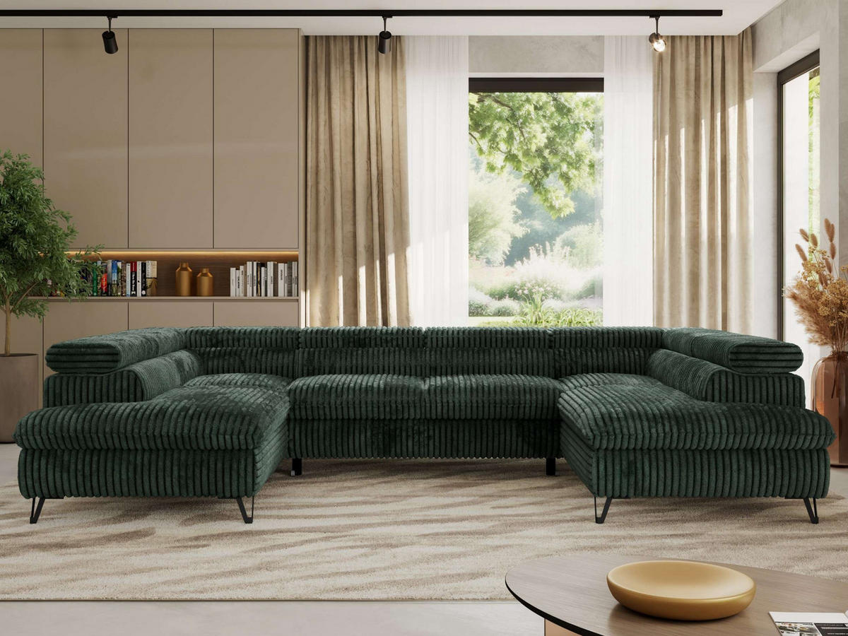 WOHNLANDSCHAFT PABLO U Cord Dunkelgrün mit Topper T25 - Schwarz/Grün, Textil/Metall (346/76/208cm) - MKS