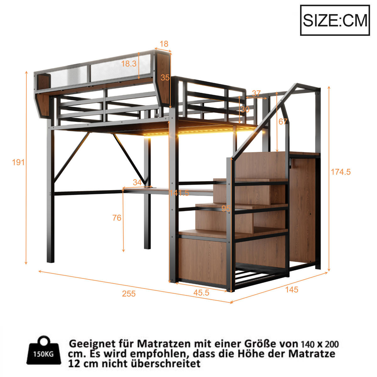 HOCHBETT 140/200 cm DE-32583 mit Schreibtisch, LED und Stauraum Schwarz - Schwarz, Metall (140/200cm) - ComfortXL