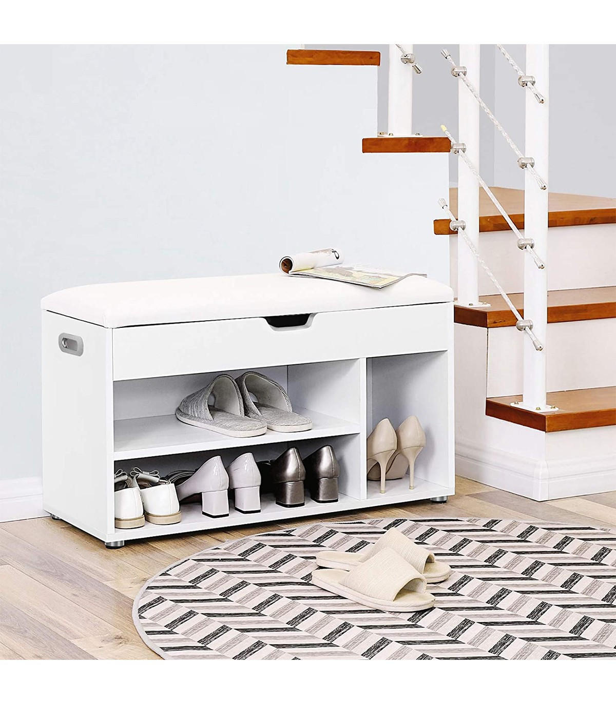 SCHUHBANK 3 Fächer und 1 Truhe mit bequemer Sitzfläche - H44 cm - Weiß, Holzwerkstoff (30/44/80cm) - Calicosy