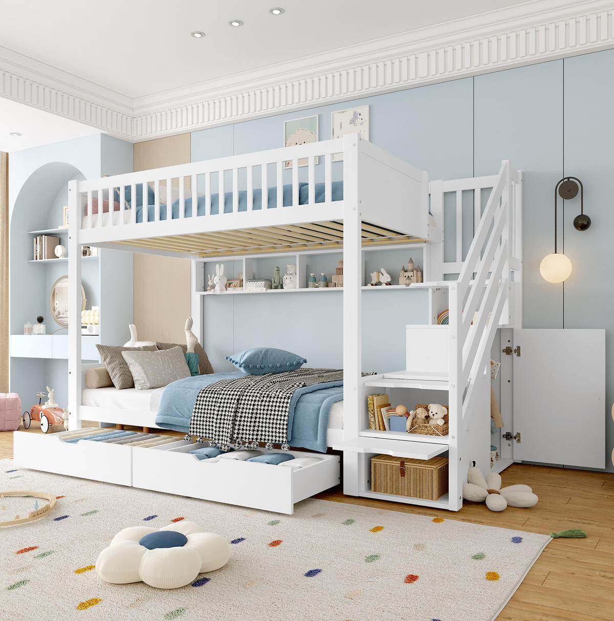 ETAGENBETT 90/200 cm Weiß mit Kleiderschrank und Stauraumtreppe - Weiß, Holz (90/200cm) - Flora Grace