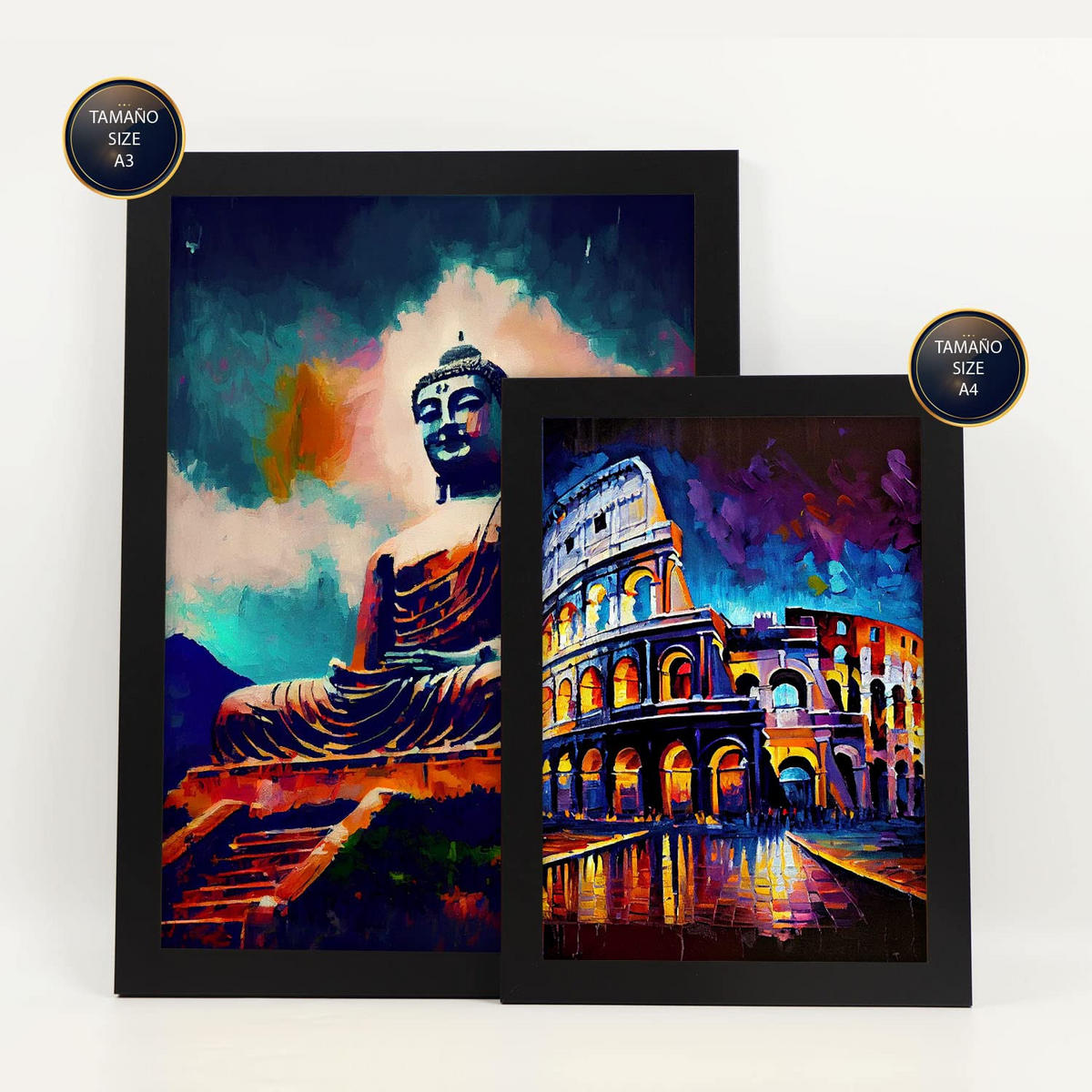 POSTER Set Mit 6 Feuchte Im Ölgemälde Stil A3 & A4 Schwarzer Rahmen - Schwarz, Papier (29/3cm) - Nacnic