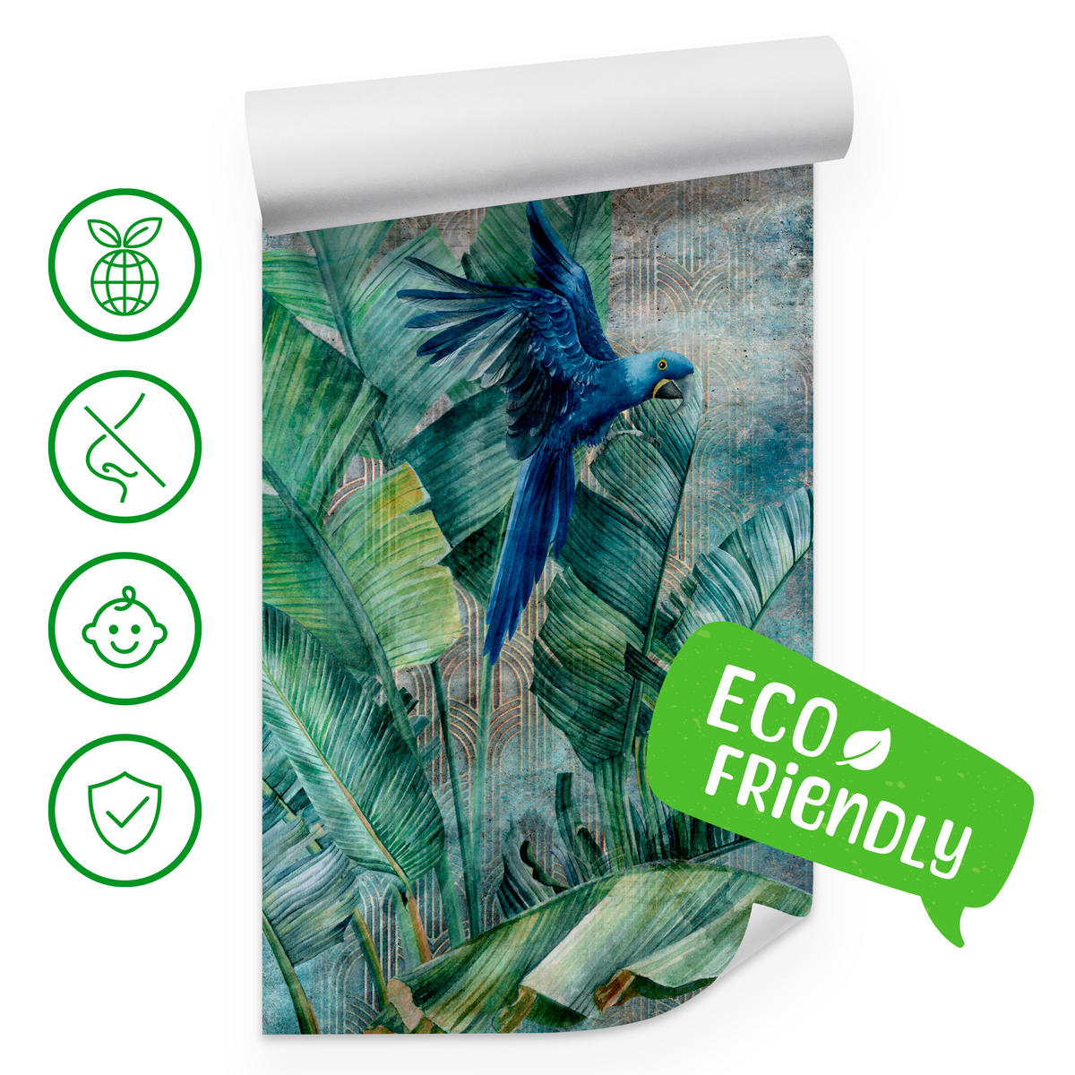 FOTOTAPETA Pre Obývaciu Izbu Retro Papagáj Tropické Listy 250 x 175 cm - hnedá/modrá, papier (250/175cm) - Muralo