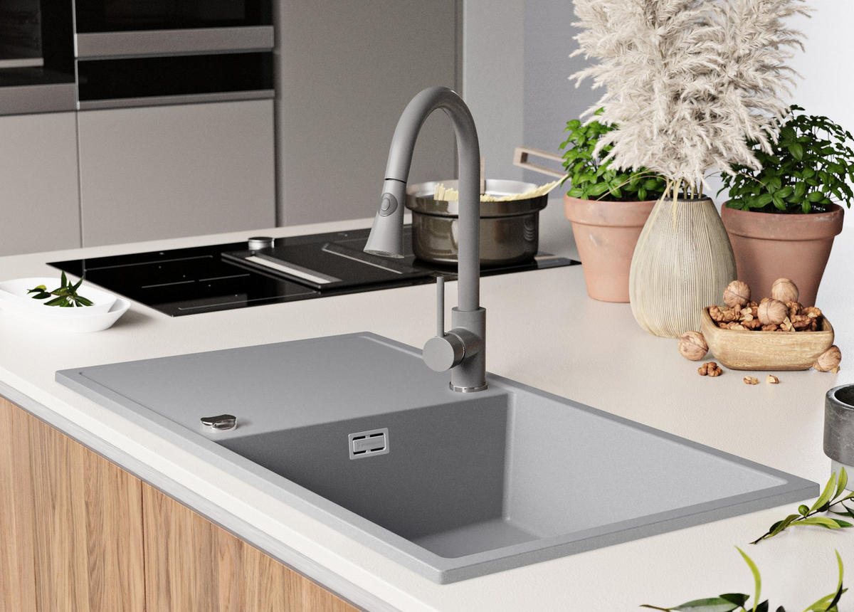 GRANITSPÜLE Ibiza, 2-er set Grau 90/50 cm 1 Becken + Küchenarmatur 38/14 cm + Ablauf-Set ab 60er Unterschrank - Grau, Kunststoff (90/19/50cm) - Primagran