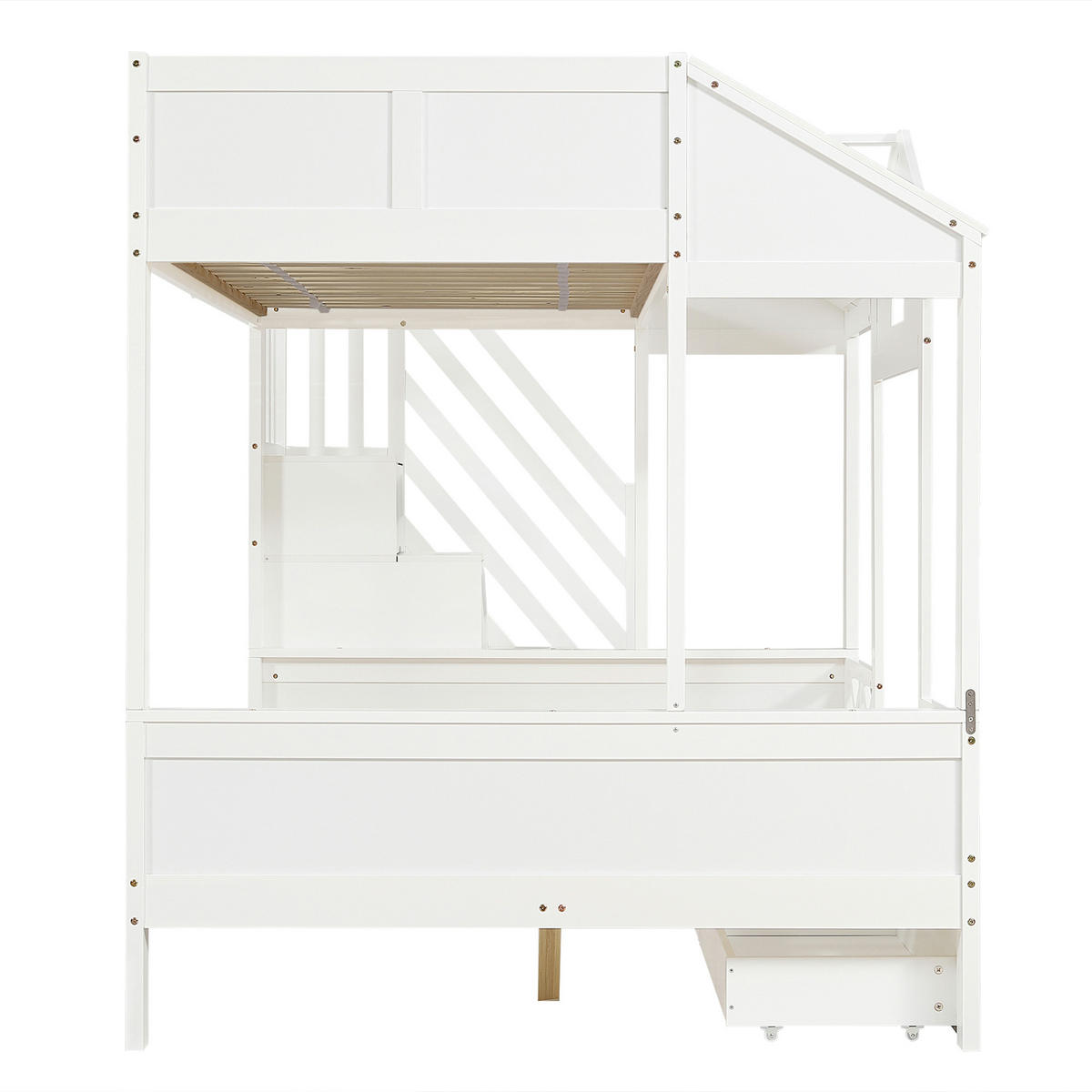 ETAGENBETT 90/140/200 cm DE-02362, in Weiß, mit Fenster, Dach, Schubladen und Treppenschrank - Weiß, Holz (90/200cm) - ComfortXL
