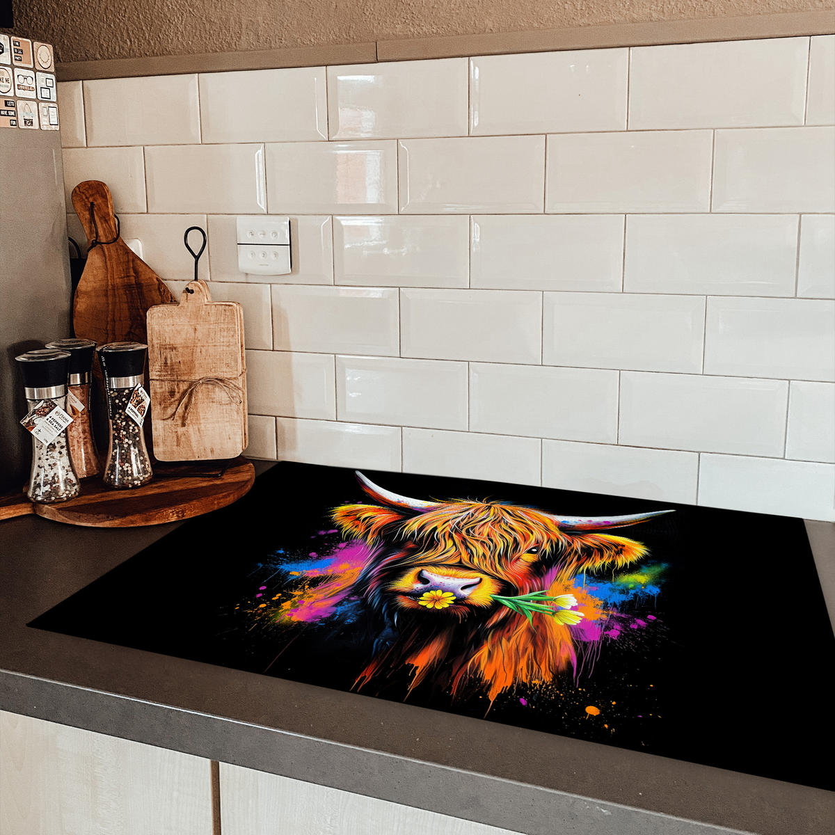 HERDABDECKPLATTE Schottischer Highlander - Graffiti - Bunt - Blume - Tiere Induktionsmatte 81x52 cm - Multicolor, Kunststoff (81/52/0.2cm) - MuchoWow