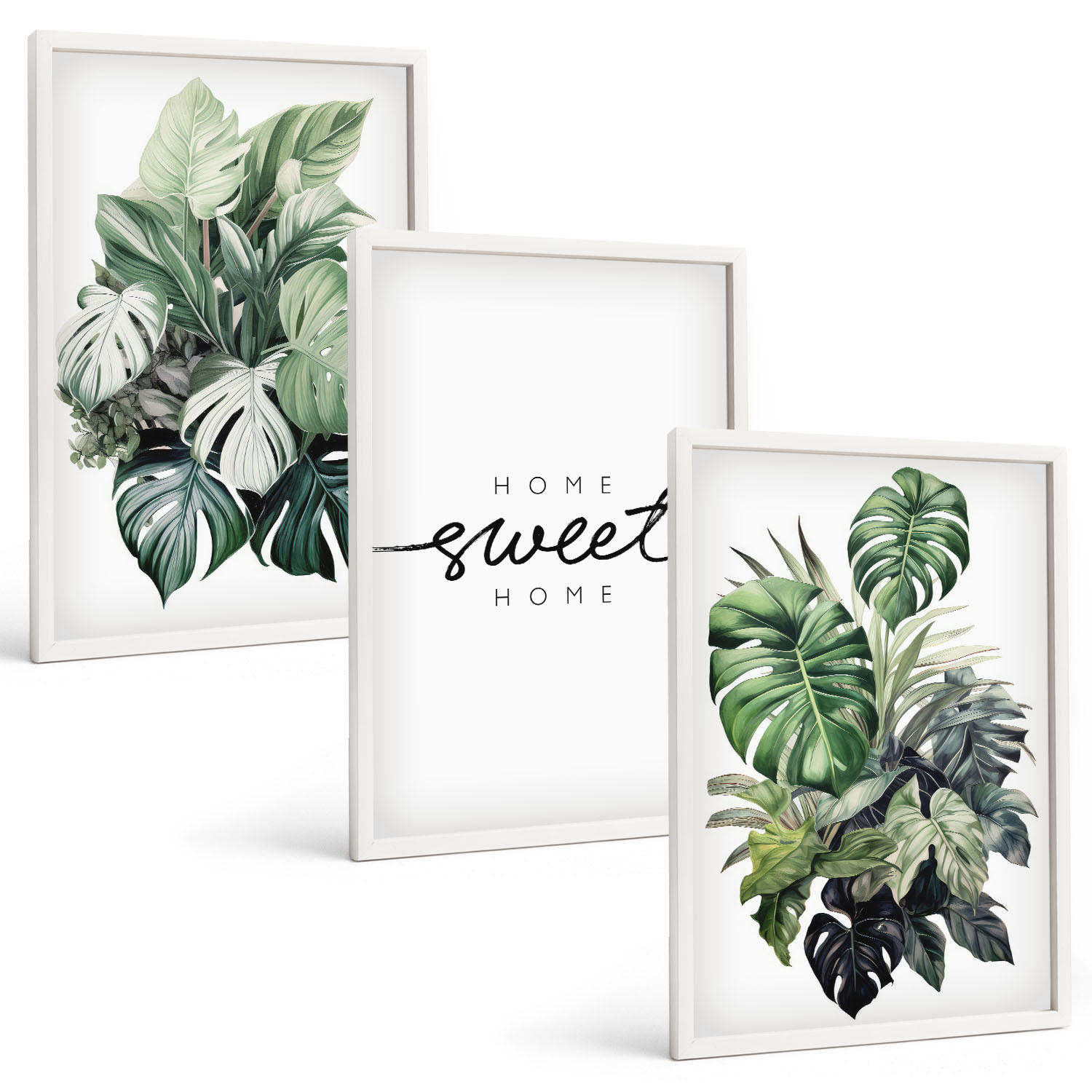 BILDER SET 3er Set - 40x60 cm Weißer Rahmen - Pflanzen mit der Aufschrift „Sweet Home“ - Weiß, Kunststoff (40/60cm) - TULUP