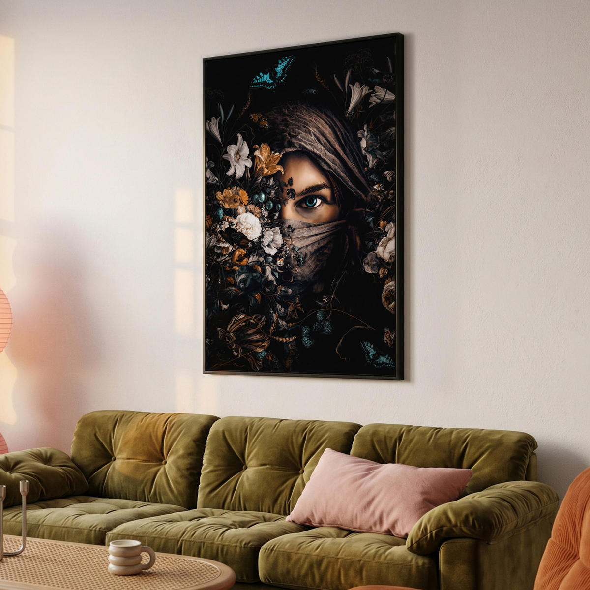 LEINWAND Bilder mit Rahmen - Frau - Luxus - Blumen - Schmetterling - Porträt - 80x120 - Schwarz, Textil (80/120cm) - MuchoWow