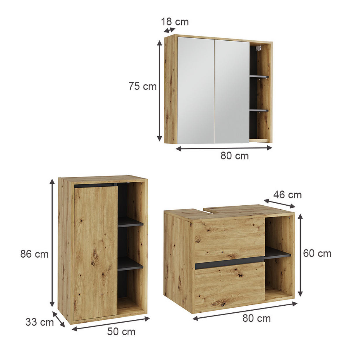 BADRUMSMÖBELSET Viola Artisan/grå 3 delar - Grå/Ek Artisan, Träbaserade material (80/60/46cm) - Vicco
